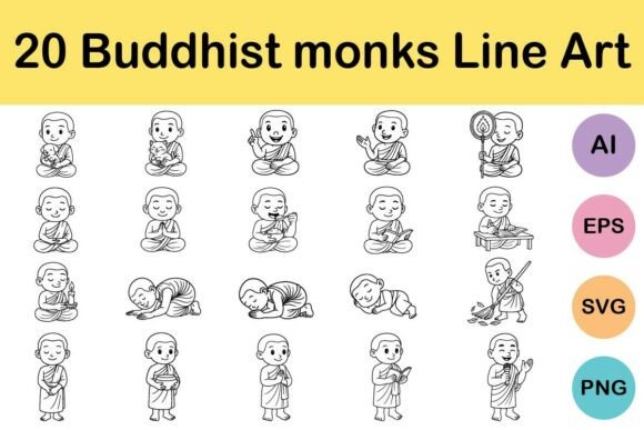 20 Buddhist Monks Line Art: A Designer’s Perspective